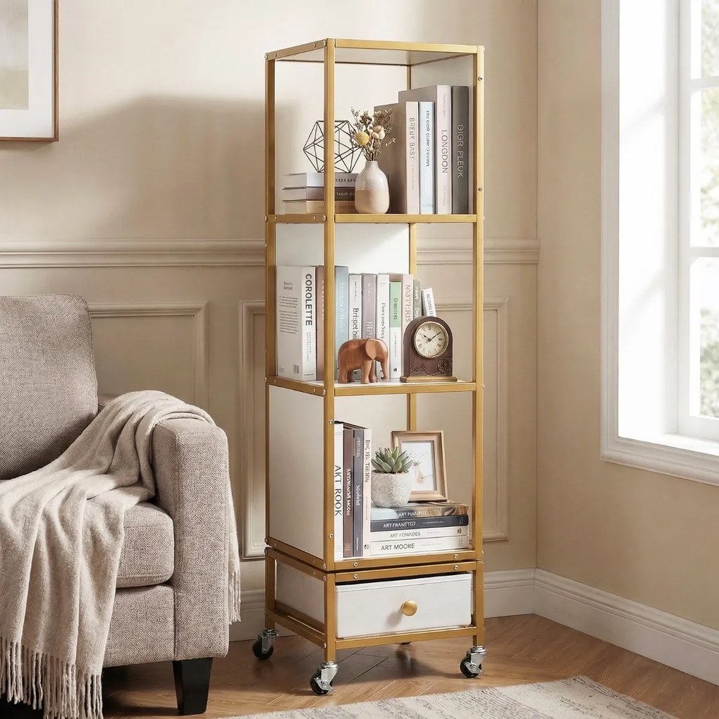 Estante giratória de 4 prateleiras 30 x 30 x 111 cm com rodas de 360°, gaveta estreita removível em tecido e madeira para sala de estar, quarto ou esc