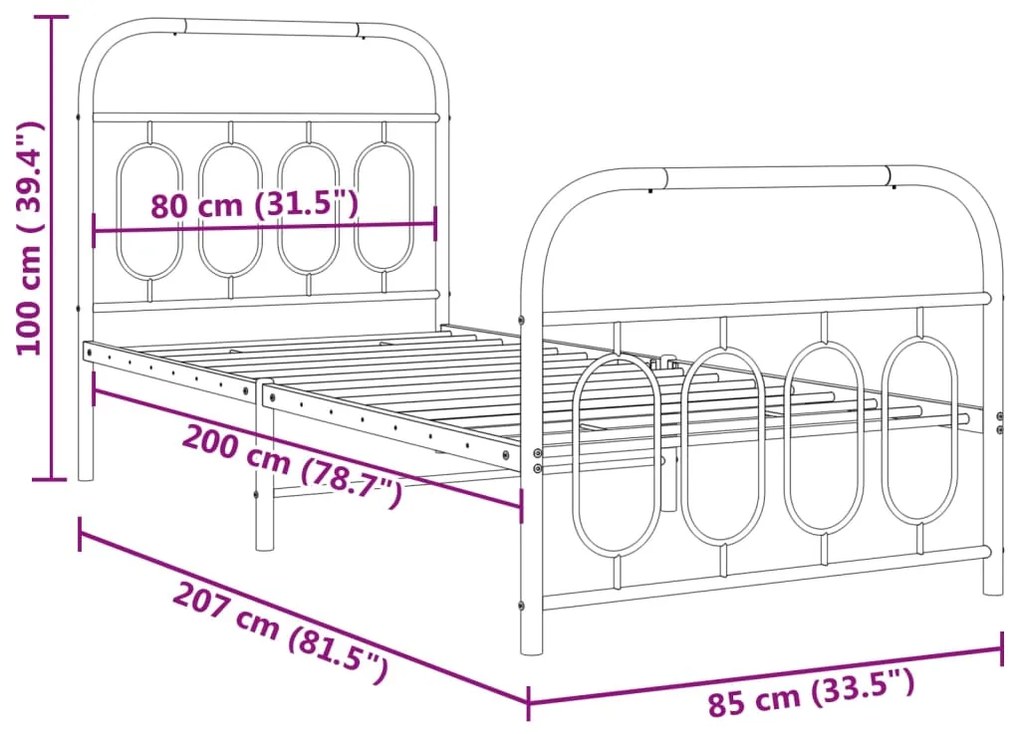 Estrutura de cama com cabeceira e pés 80x200 cm metal preto