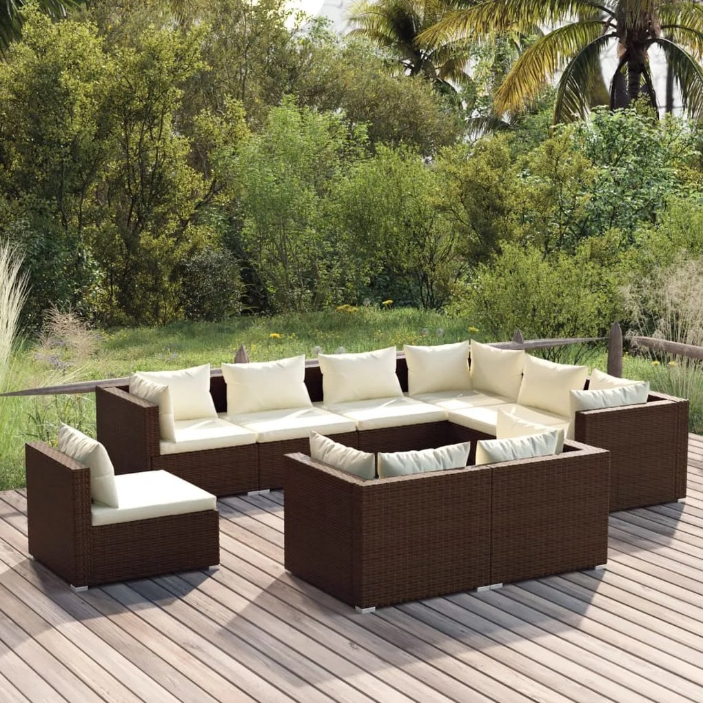 vidaXL 9 pcs conjunto lounge de jardim c/ almofadões vime PE castanho