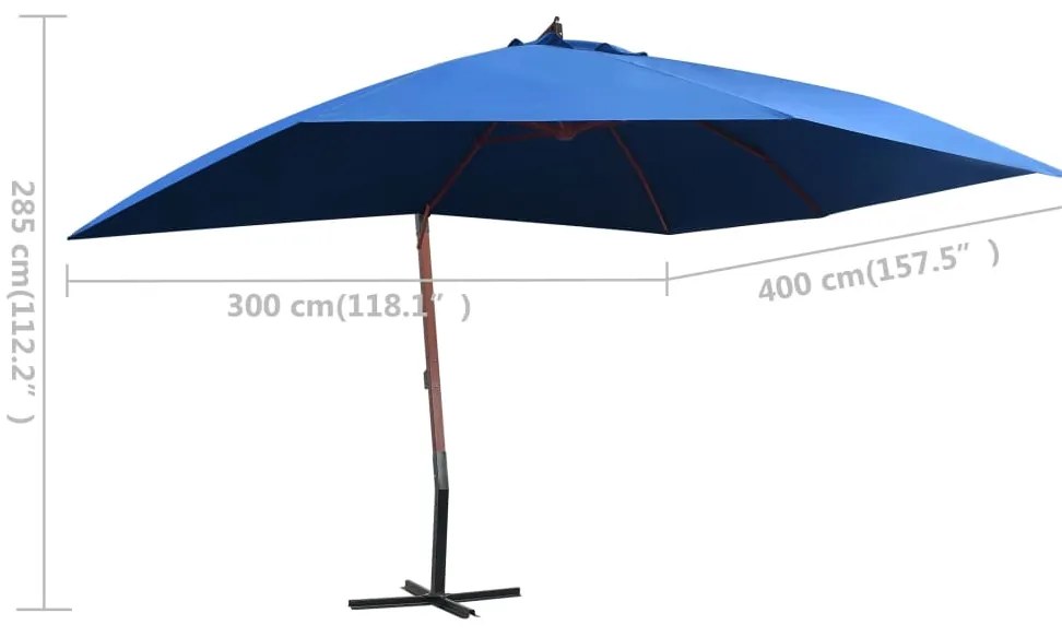 Guarda-sol suspenso com mastro de madeira 400x300 cm azul