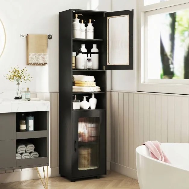 Armário alto e estreito de casa de banho 40 x 30 x 170 cm com 2 portas semitransparentes, 2 compartimentos e prateleira ajustável para cozinha e sala,