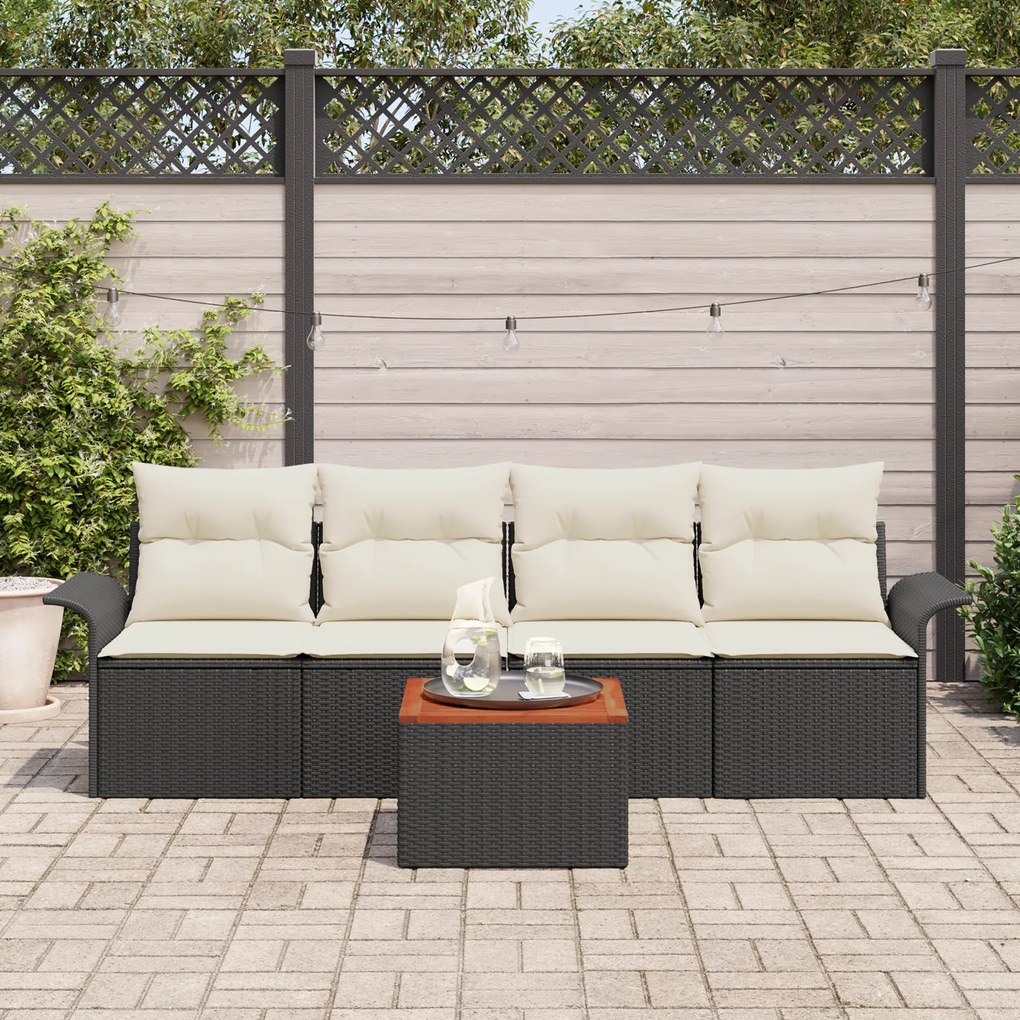 Conjunto de Sofá de Jardim de 5 Peças com Almofadas Preto Rattan PE Ac