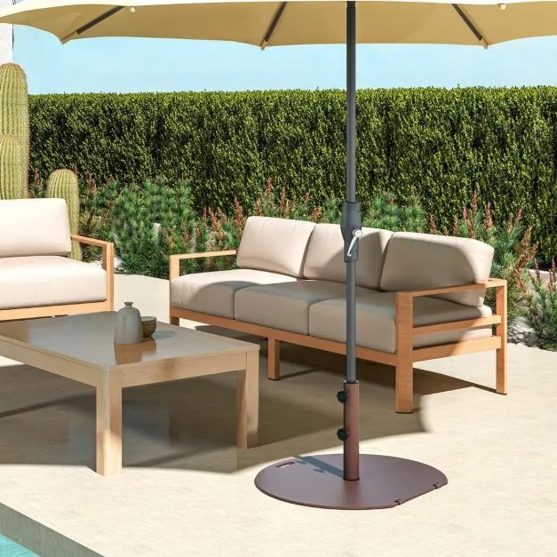 Base metálica redonda para guarda-sol de jardim 23kg com 2 botões de aperto Rodas e pega Castanho