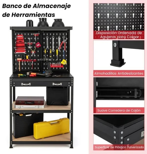 Bancada de trabalho para arrumação de ferramentas com tampo perfurado com gavetas 14 acessórios Estrutura metálica para garagem Vermelha