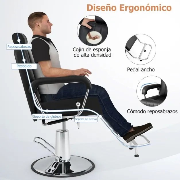 Cadeira de cabeleiro, barbeiro 108-121 cm com apoio de cabeça giratório de 360° Encosto reclinável e regulação da altura Carga 150 kg Preto