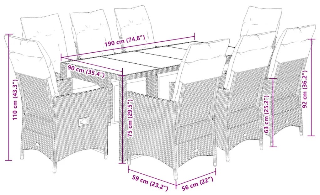 9 pcs conjunto de bistrô para jardim c/ almofadões vime PE bege