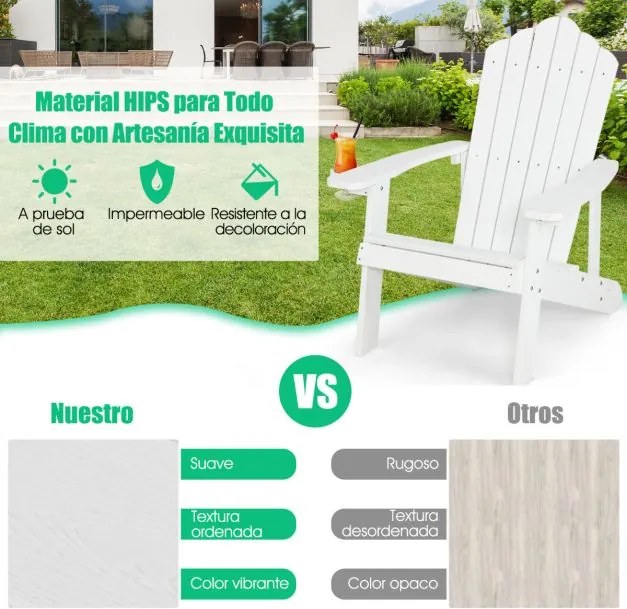 Cadeira de jardim Adirondack com suporte para copos em madeira de grão resistente às intempéries, jardim e terraço Branca