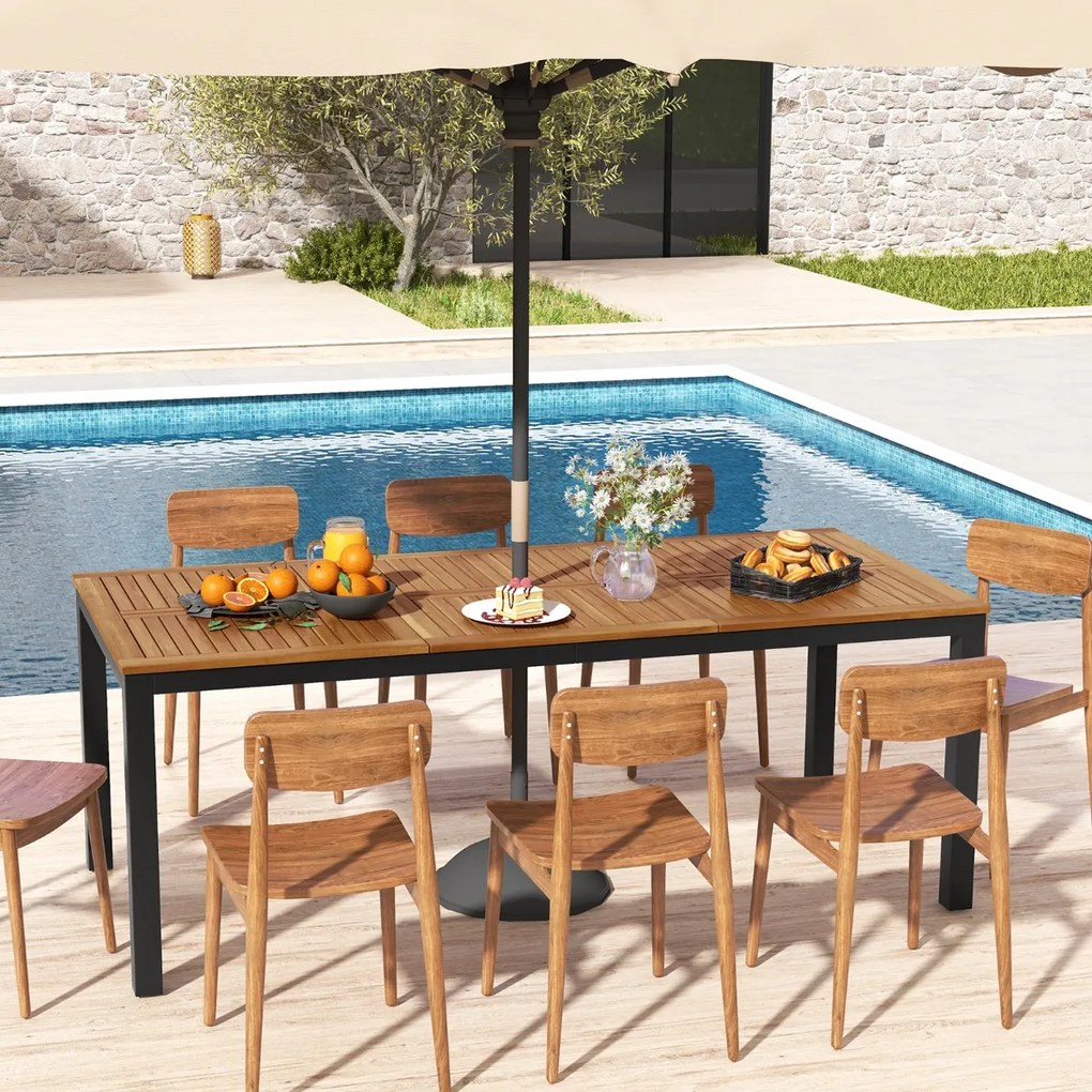 Mesa de jantar de Jardim para 8 pessoas de madeira de acácia 200 x 90 x 75 cm com furo para guarda-sol Pernas de metal Natural e preto