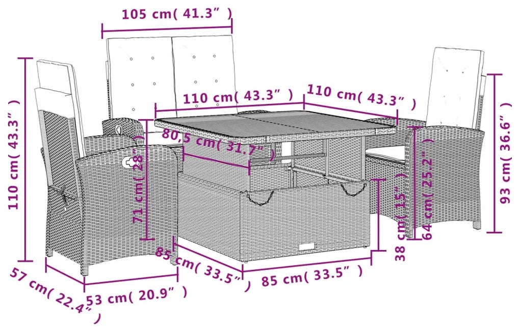 4 pcs conjunto de jardim p/ jardim c/ almofadões vime PE preto