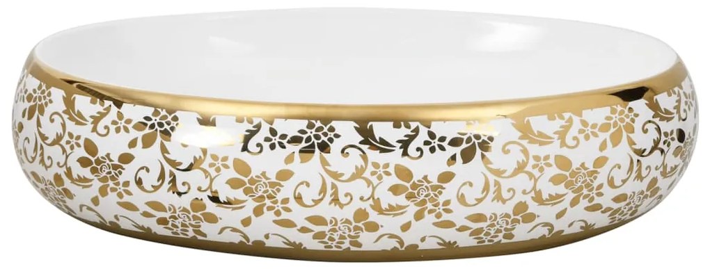Lavatório de bancada oval 59x40x15 cm cerâmica branco e dourado