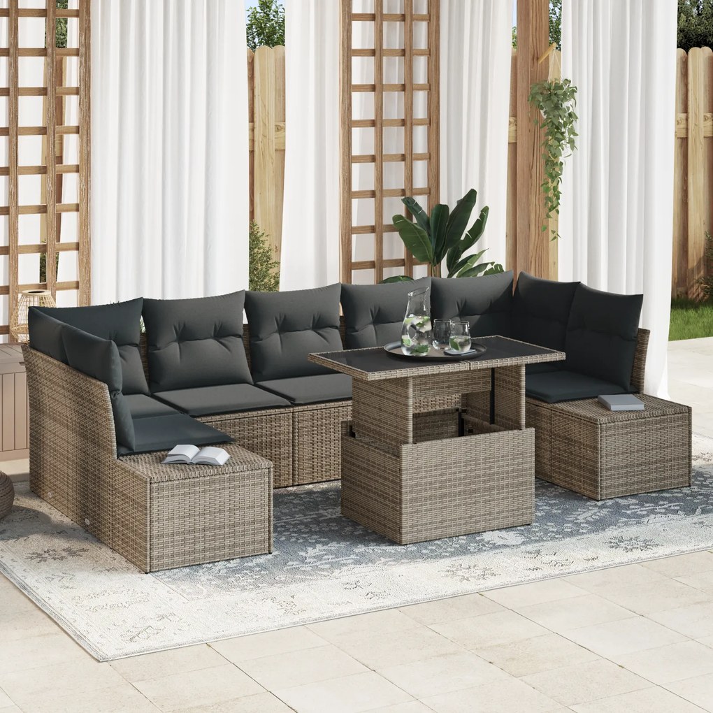 vidaXL Conjunto de Sofás de Jardim de 8 Peças com Almofadas Cinza Rattan