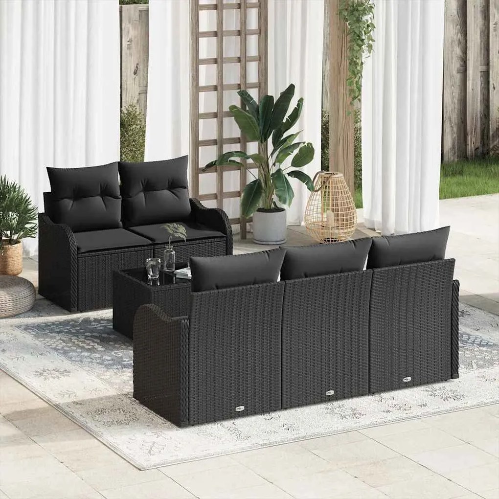 vidaXL Conjunto de Sofá de Jardim 6 pcs Preto Rattan e Aço e Vidro