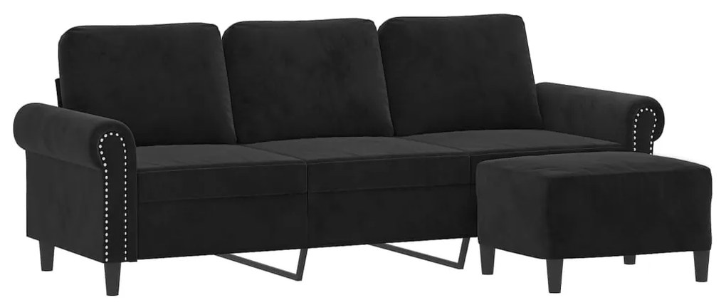 Sofá de 3 lugares com apoio de pés 180 cm veludo preto