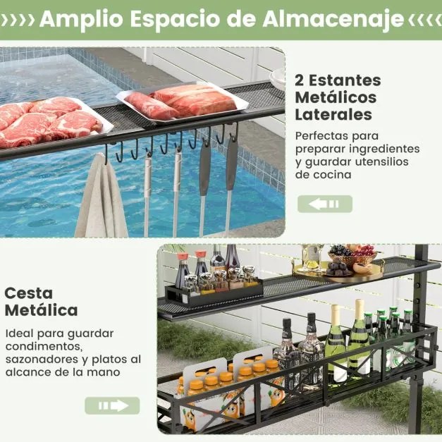 Pergula tenda para churrascos 242 x 153 cm com 2 prateleiras laterais, cesto, ganchos, abridor de garrafas, estrutura de metal para jardim ou pátio Ci