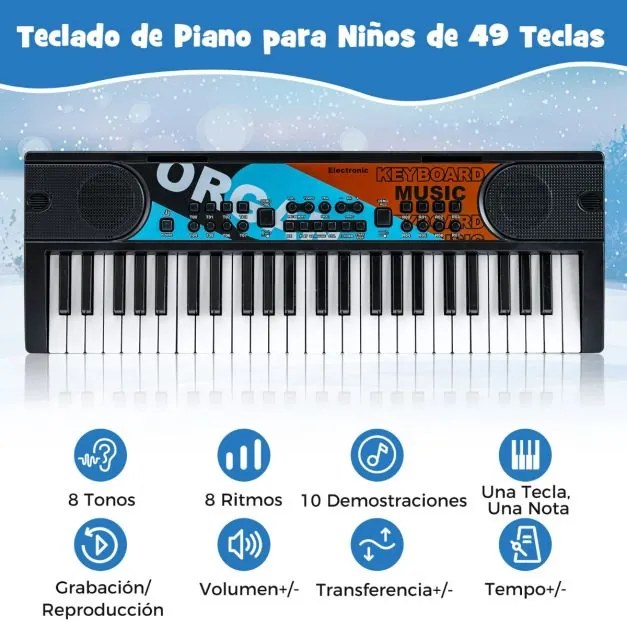 Teclado de piano para crianças elétrico portátil de 49 teclas com 8 ritmos, 8 tons e 10 demonstrações Instrumento musical preto
