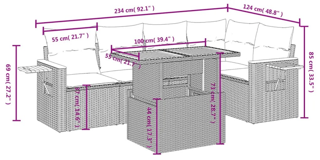 6 pcs conjunto de sofás p/ jardim com almofadões vime PE bege