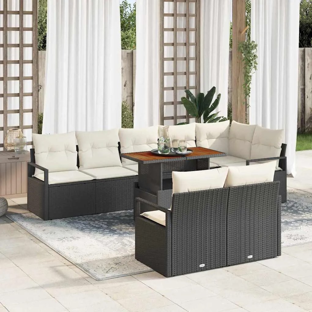 vidaXL Conjunto de Sofá de Jardim de 9 Peças com Almofadas Pretas em Rattan e Acácia