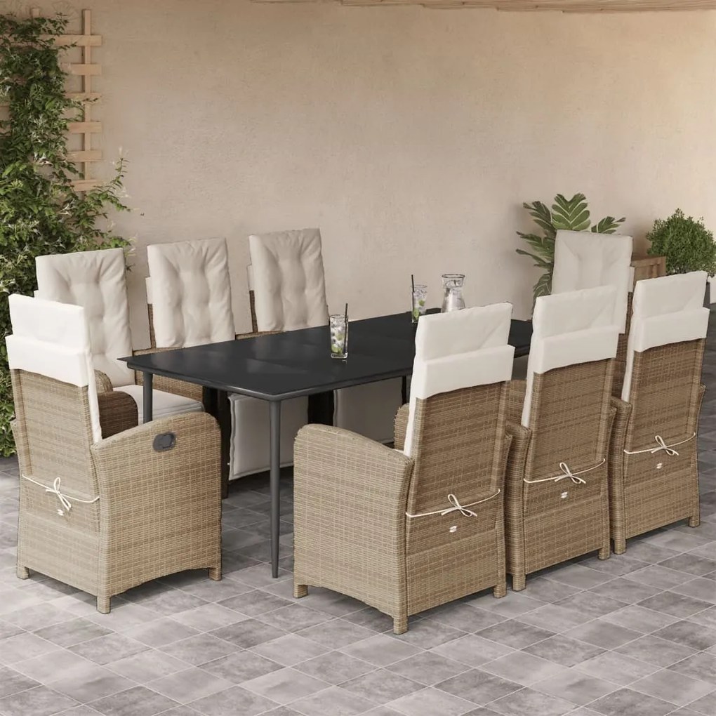 9 pcs conjunto de jantar p/ jardim com almofadões vime PE bege