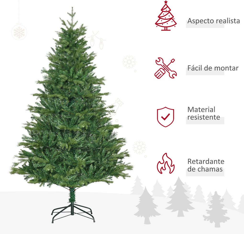 HOMCOM Árvore de Natal Artificial 180cm com 1443 Ramos Folhas de PVC Base Dobrável e Suporte Metálico Decoração de Natal para Interiores Verde