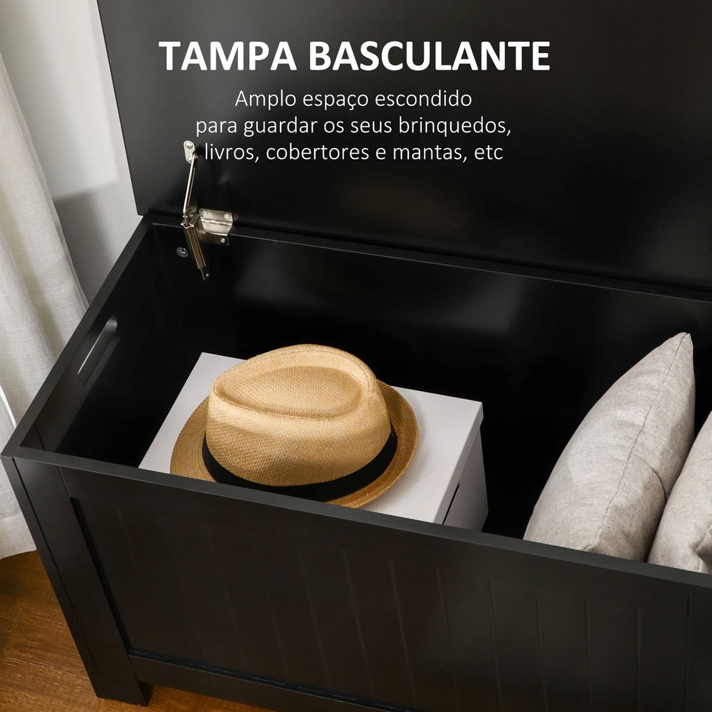 Baú de Armazenamento de Madeira Baú de Arrumação com Dobradiça de Segurança Carga Máxima 20 kg 81x40x46 cm Preto