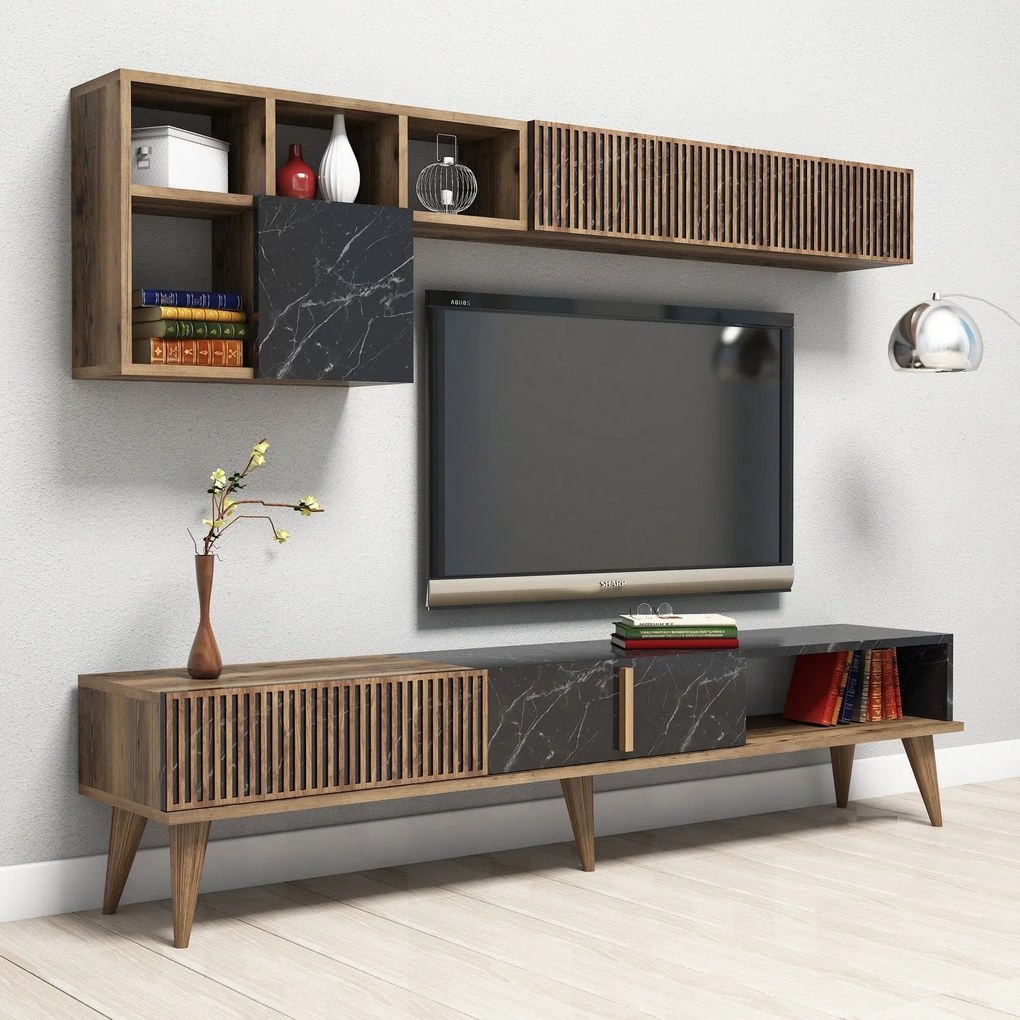 Móvel TV Milan – Nogueira e Preto – 180 x 40 x 35 cm