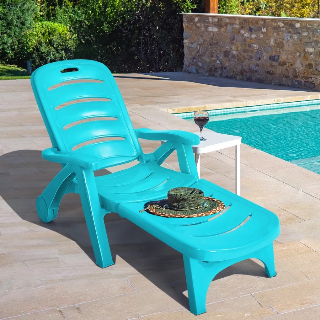 Espreguiçadeira dobrável para jardim, cadeira reclinável ajustável ao ar livre com rodas resistentes em 5 posições, pátio, piscina, praia, verde