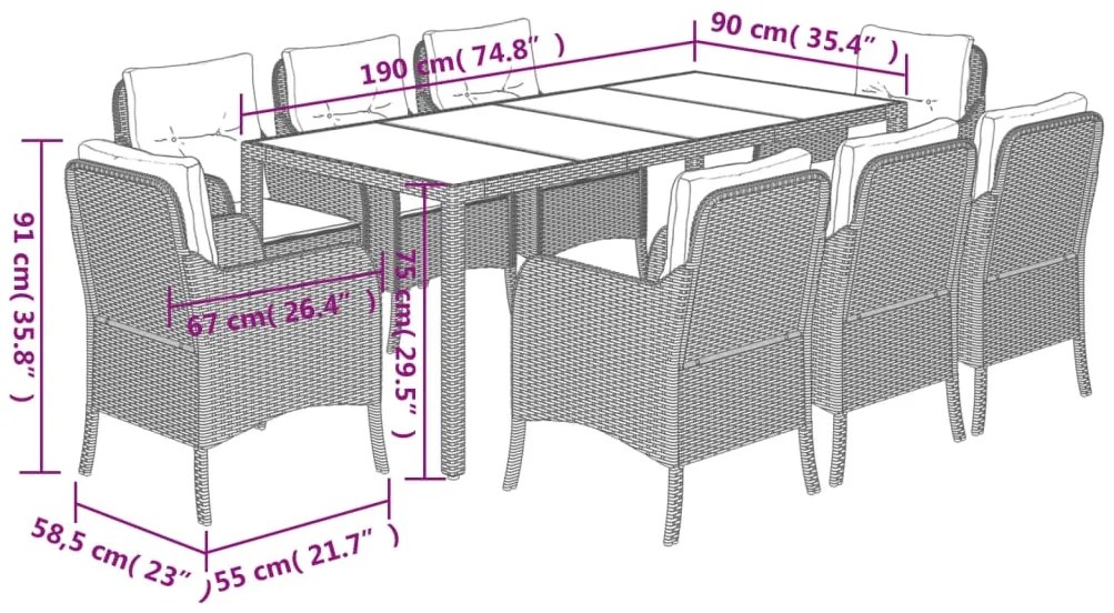 9 pcs conjunto de jantar p/ jardim c/ almofadões vime PE cinza