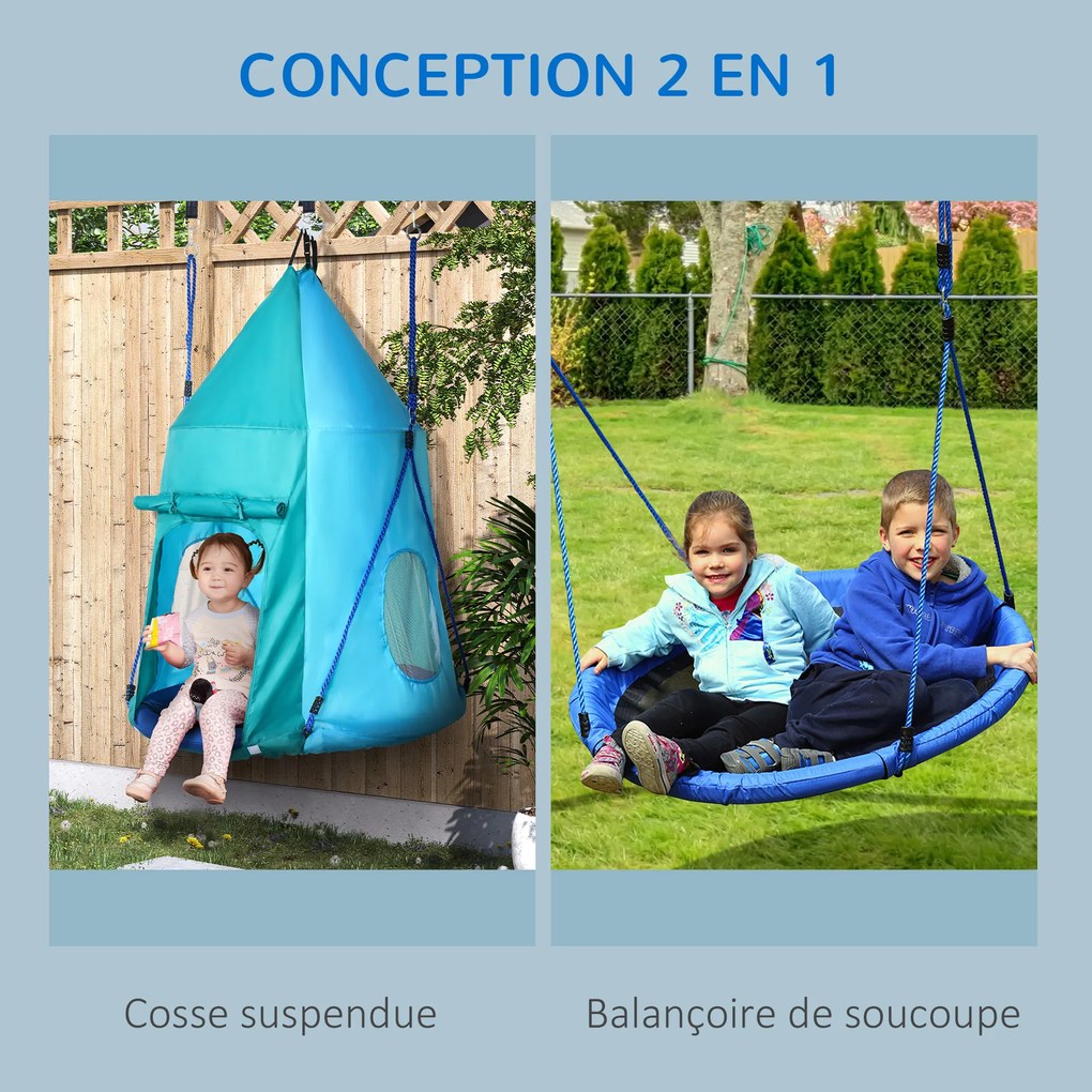 Baloiço em forma de ninho de pássaro com tenda amovível, Ø 100 cm, carga máxima de 150 kg, corda ajustável em altura de 120 a 180 cm, azul