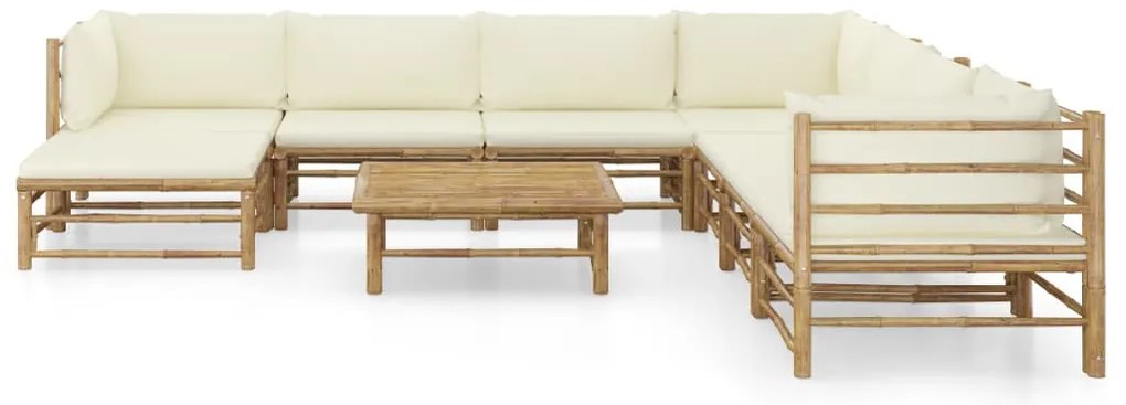 9 pcs conj. lounge p/ jardim em bambu c/ almofadões branco nata