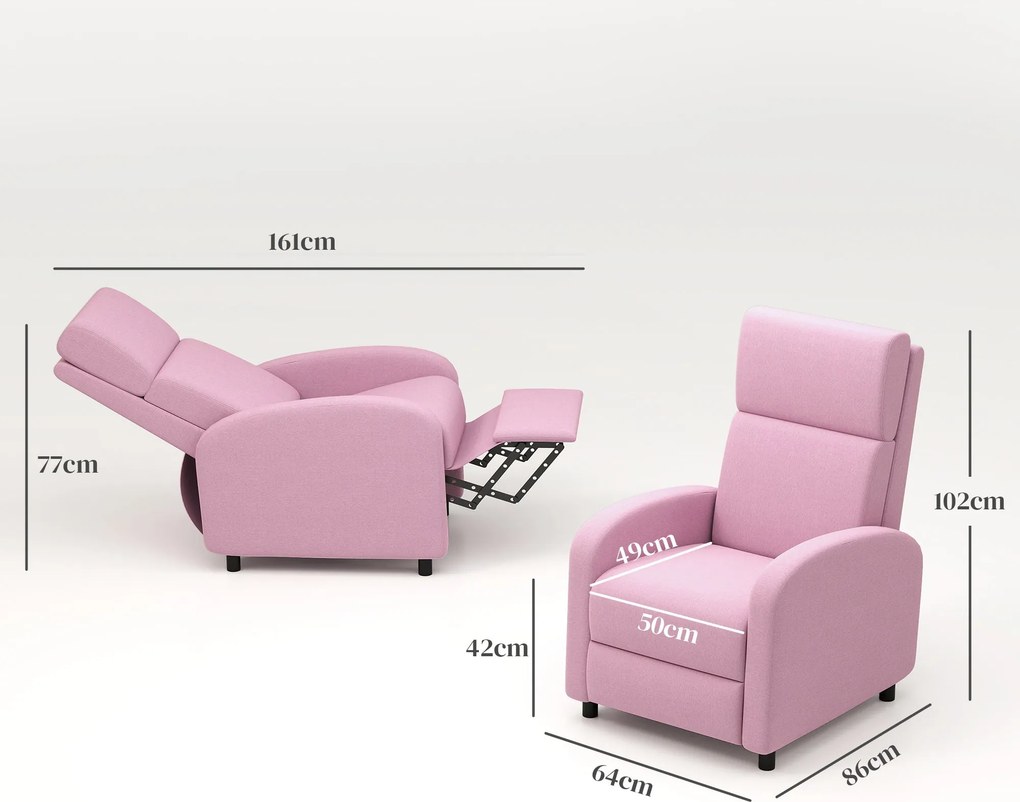 Poltrona Relax Reclinável Manual em Linho – Rosa – 64x86x102 cm