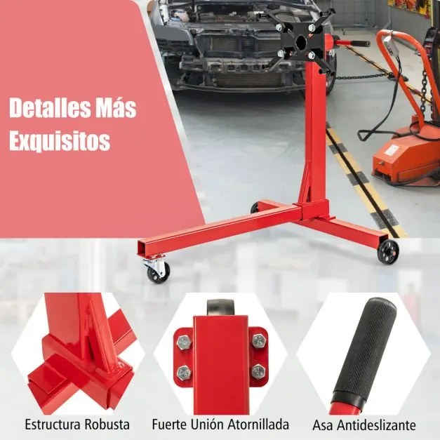 Suporte para motor de 3 rodas para serviço pesado com capacidade para 340 kg, cabeça giratória de 360° e 4 braços ajustáveis Vermelho