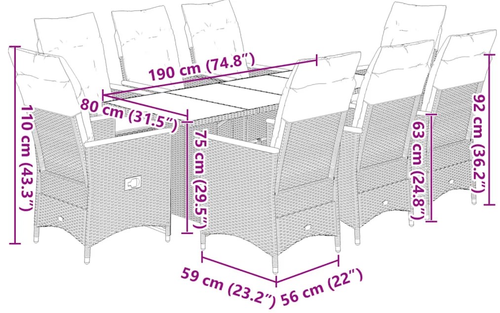 9 pcs conjunto bistrô de jardim c/ almofadões vime PE cinzento