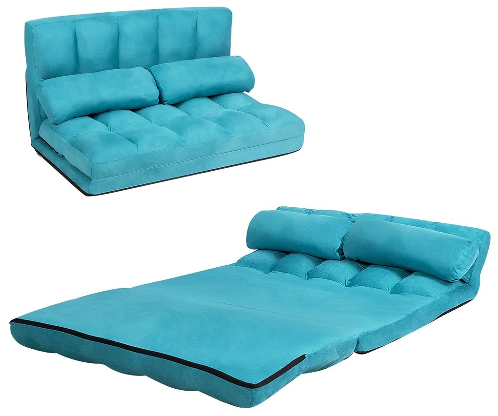 Sofá de chão ajustável Sofá-cama dobrável em 6 posições Revestimento removível em camurça com 2 almofadas Azul