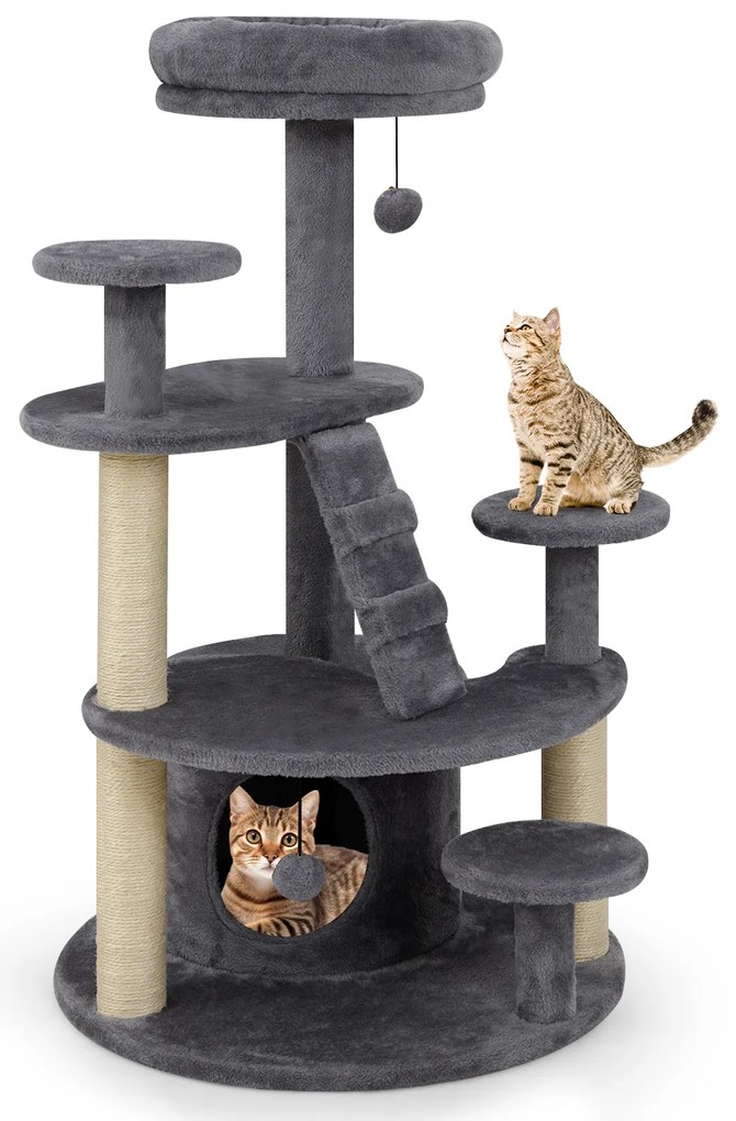 Arranhador para gatos com caverna, bola e escada, cinzento