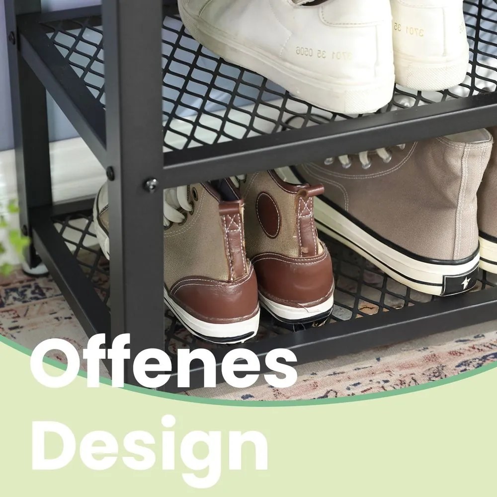 Banco elegante para sapatos com 2 prateleiras em rede 30 x 73 x 45 cm cinza + preto