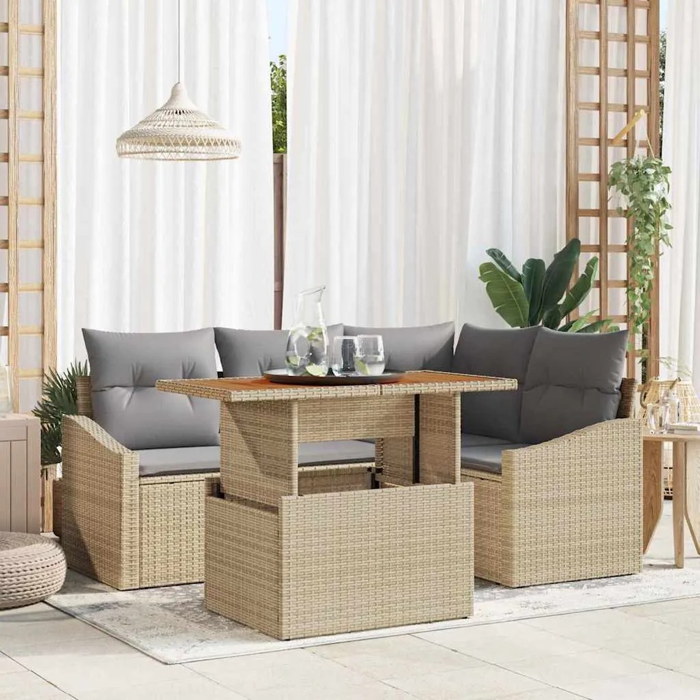 vidaXL Conjunto de Sofá de Jardim 5 Peças com Almofadas Bege em Rattan Sintético