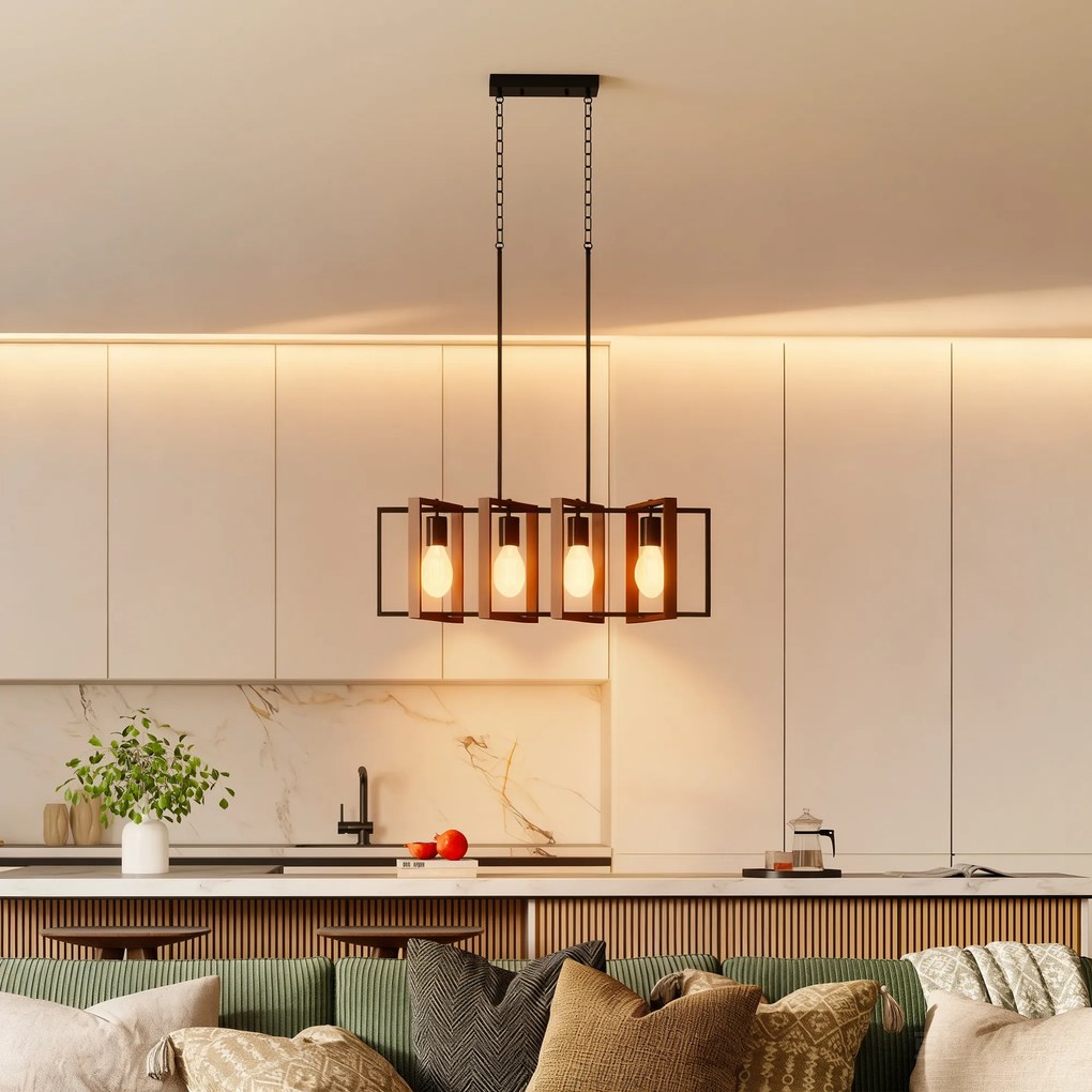 Candeeiro suspenso moderno, lustre de teto com 4 armações giratórias e altura ajustável, 80 x 21 x 90-130 cm, preto, cor castanho nogueira