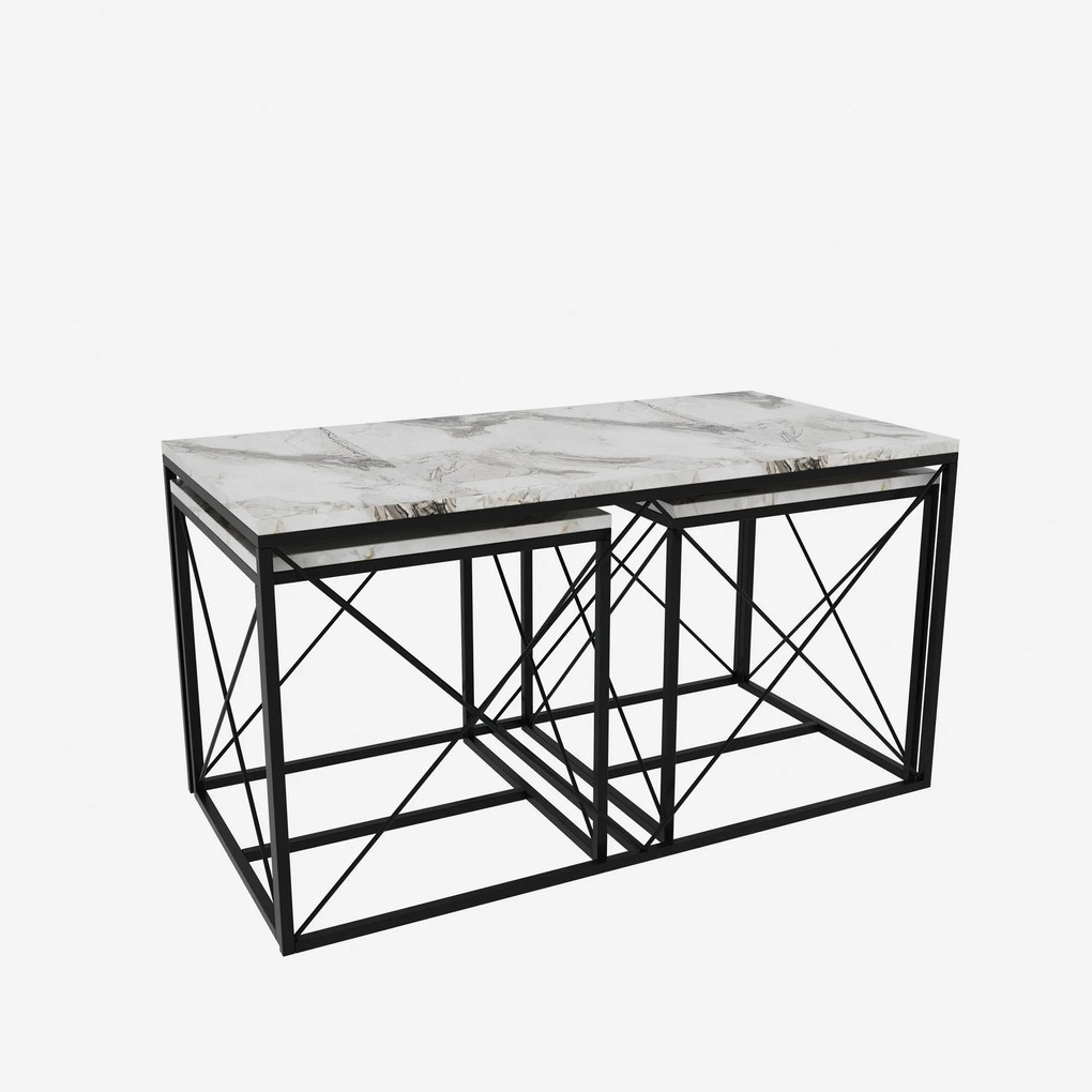 Conjunto de Mesas de Centro Defne – Mármore Branco e Preto – 100x52x50