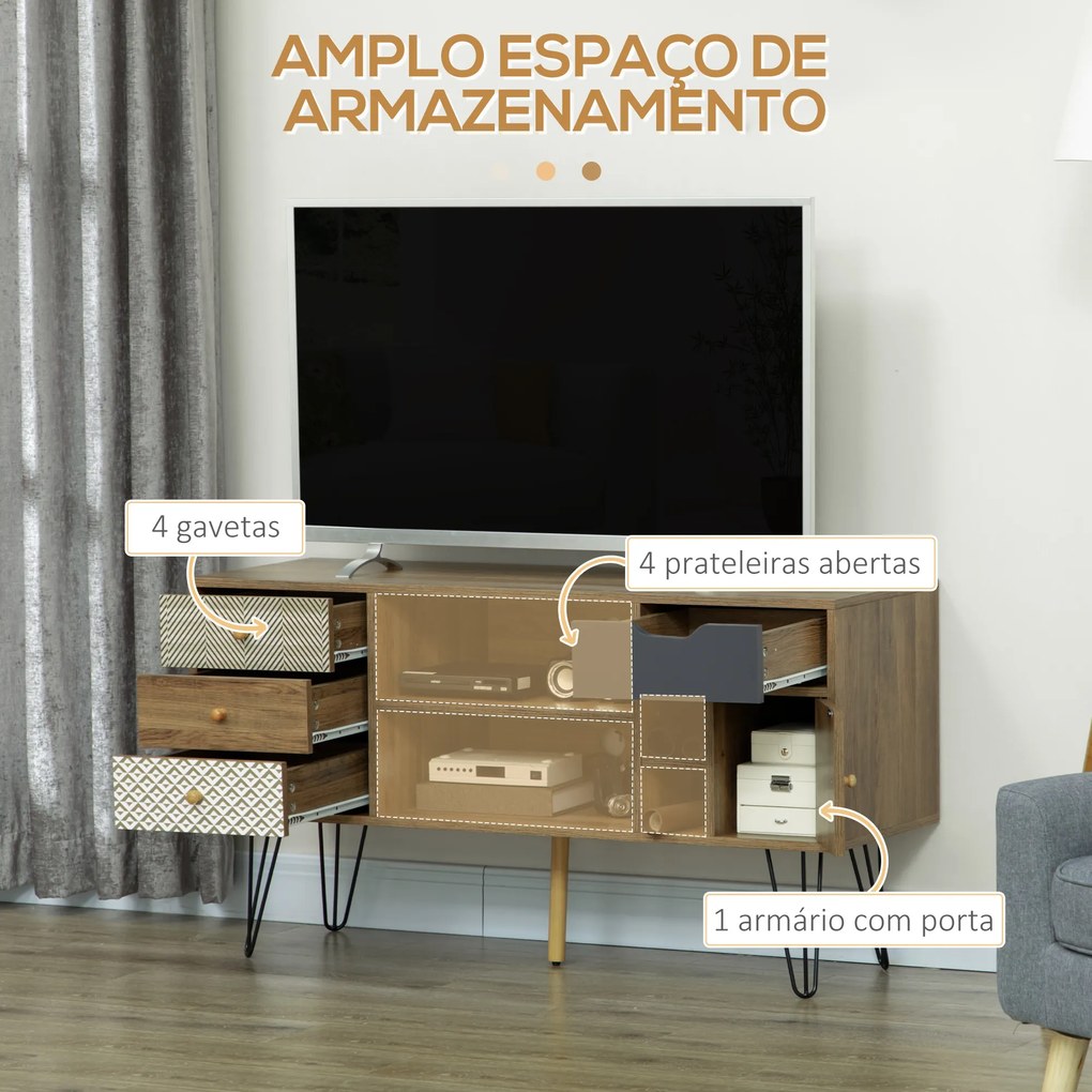 HOMCOM Móvel de TV com Prateleira de Armazenamento 4 Gavetas e Pés de Metal Móvel de TV para Televisores de até 50 Polegadas para Escritório 120x39x64cm Marrom