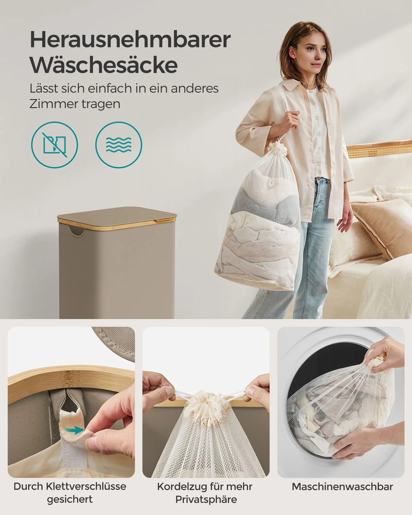 Cesto para roupa suja 90 litros com saco removível, castanho-camelo