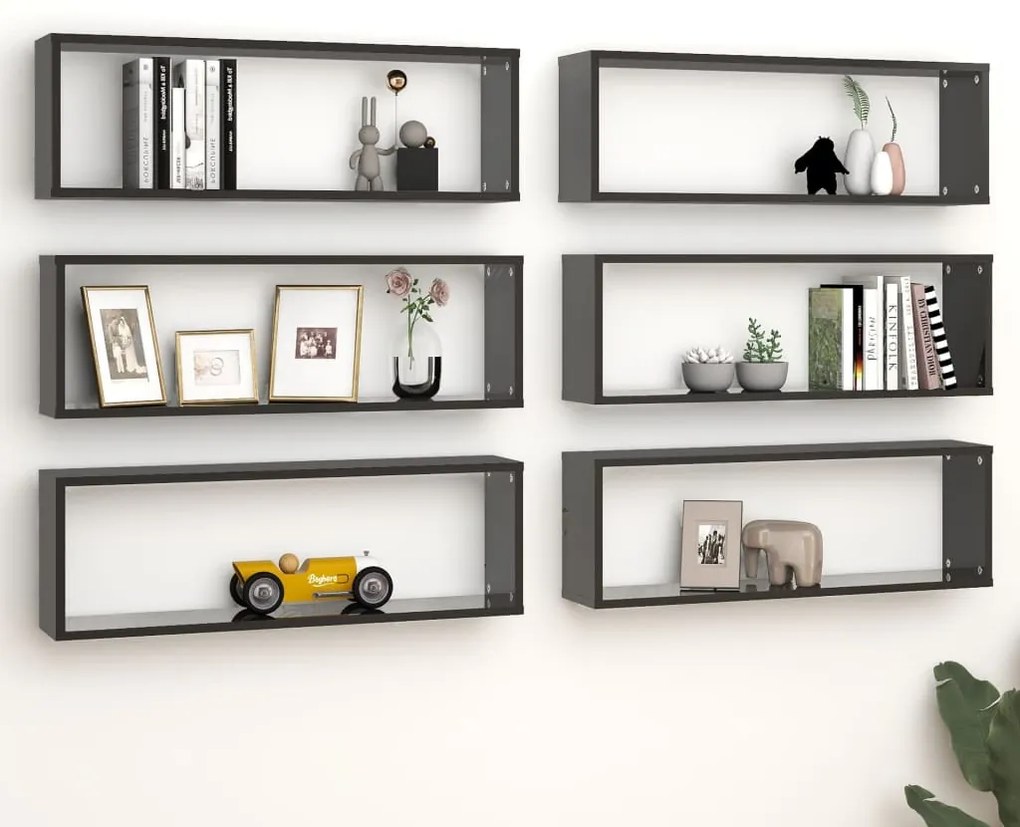 vidaXL Estantes parede cúbicas 6 pcs contr. 80x15x26,5 cm preto brilh.