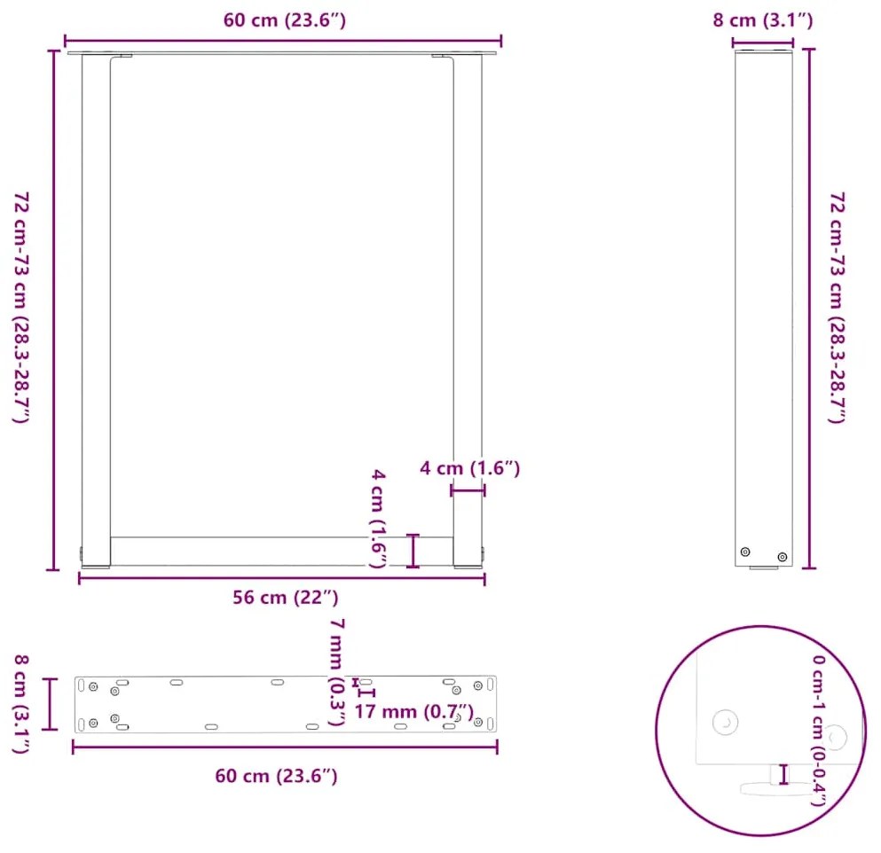 Pés de mesa de jantar em forma de U, 2 peças, preto, 60x(72-73) cm, aç