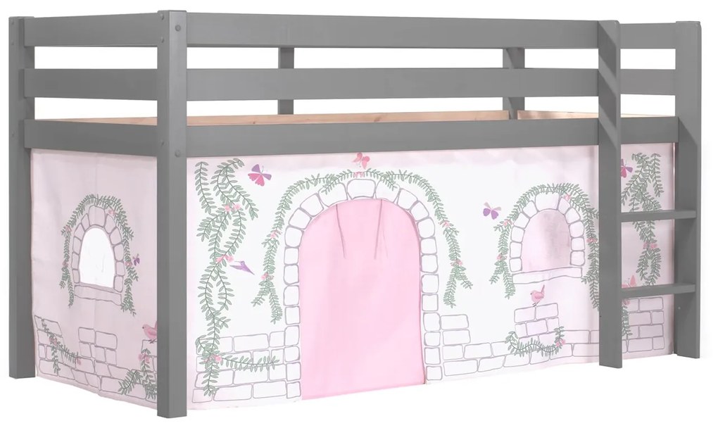 Conjunto Cama alta de Criança PINO 90 x 200 cm + estrado + escada + cortina Pássaro Cinzenta
