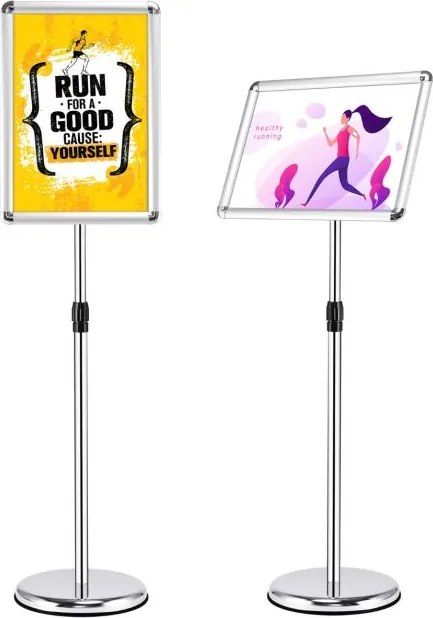 Conjunto de 2 suportes de pé A3 para cartazes de metal, cartazes de quadro, menus, publicidade exterior, altura ajustável, giratório, prateado