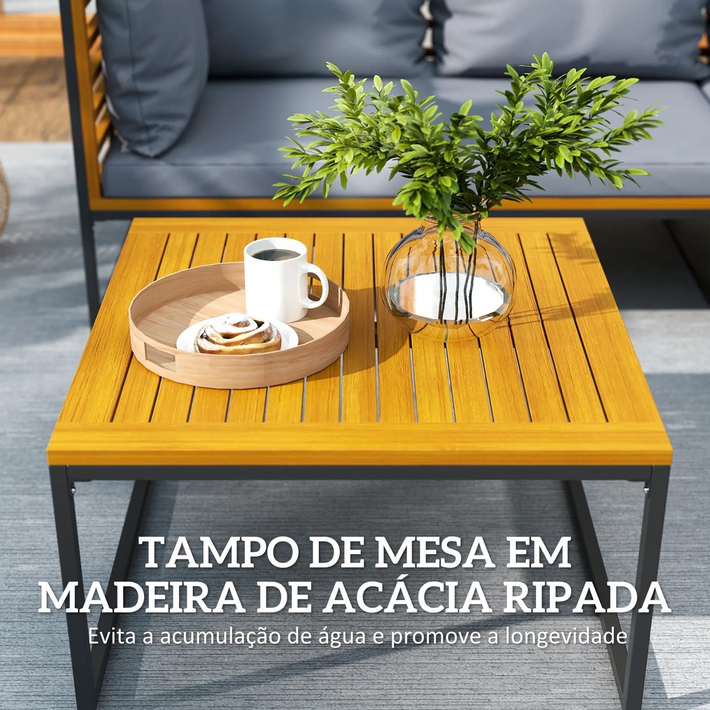 Conjunto de Jardim de 4 Peças em Forma de L com 2 Sofás de 2 Lugares Sofá de Canto e Mesa de Centro Cinza e Madeira