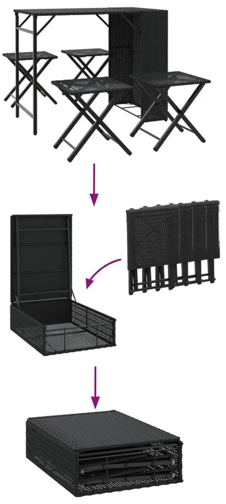 5 pcs conjunto de jantar para jardim dobrável vime PE preto