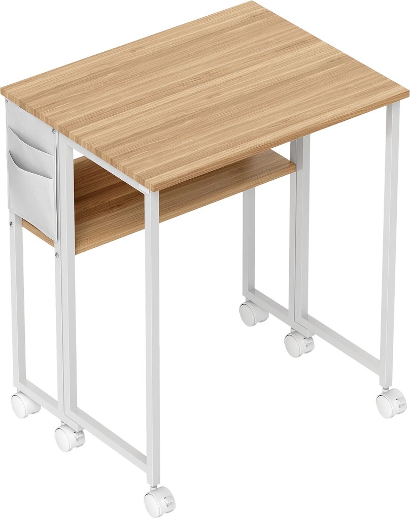 HOMCOM Secretária Dobrável com Rodas, Prateleira e Bolso de Arrumação, Ideal para Espaços Pequenos, 63x50x75 cm, Branco e Natural | Aosom Portugal