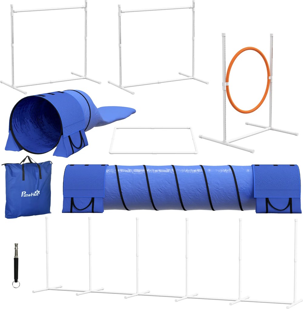 PawHut Conjunto Agility para cães percurso para cães, 1 aro,  2 túneis 2 barreiras, 321 cm x 63c m x 93 cm, Azul + Vermelho+ Branco | Aosom Portugal