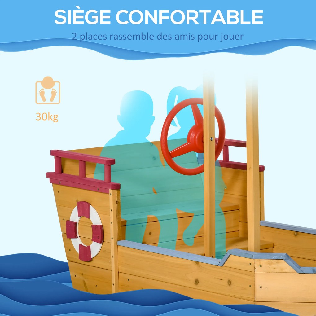 Caixa de areia em forma de barco pirata em madeira - Tela de sombra, baú de arrumação, leme - Madeira de abeto pré-oleada 160x70x103 cm