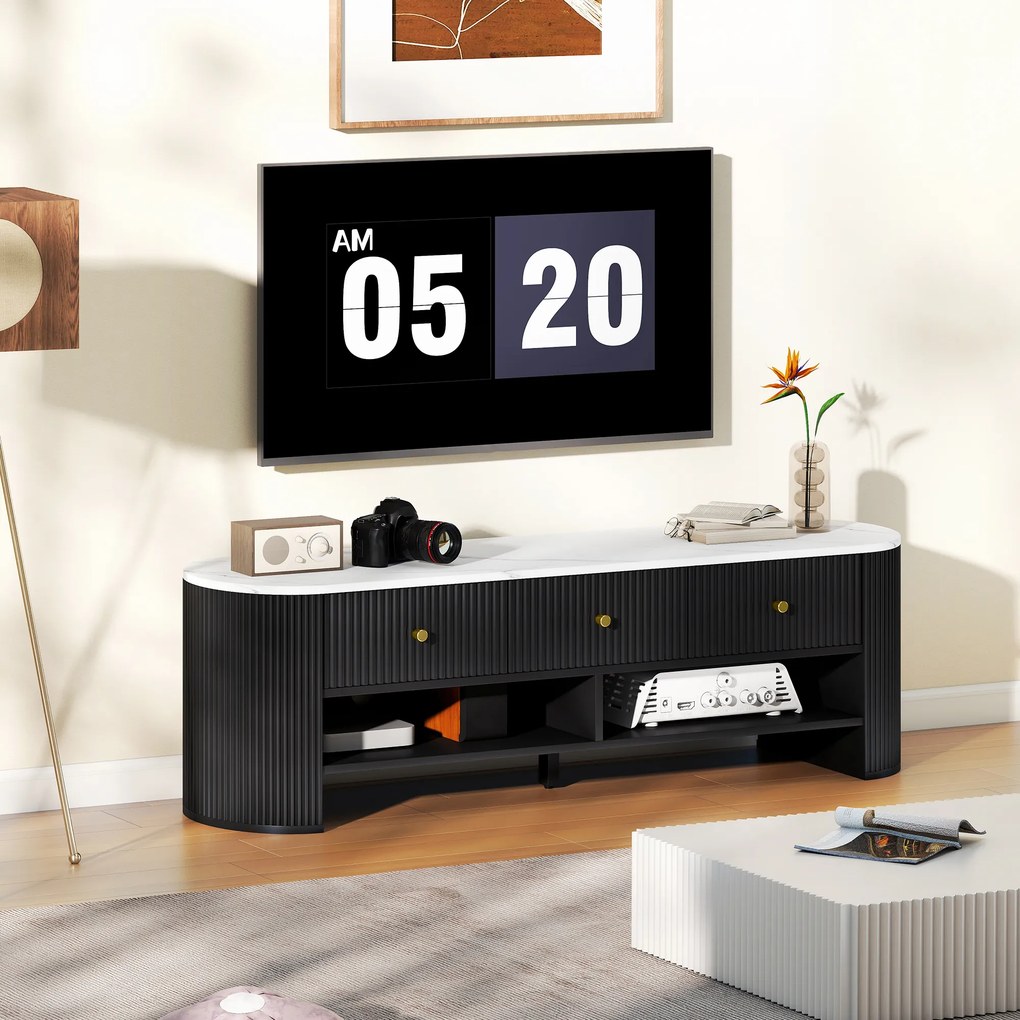 Móvel para TV de 140 cm, móvel para televisor de 65 polegadas com efeito de mármore, 3 gavetas com frentes caneladas e 2 prateleiras pretas